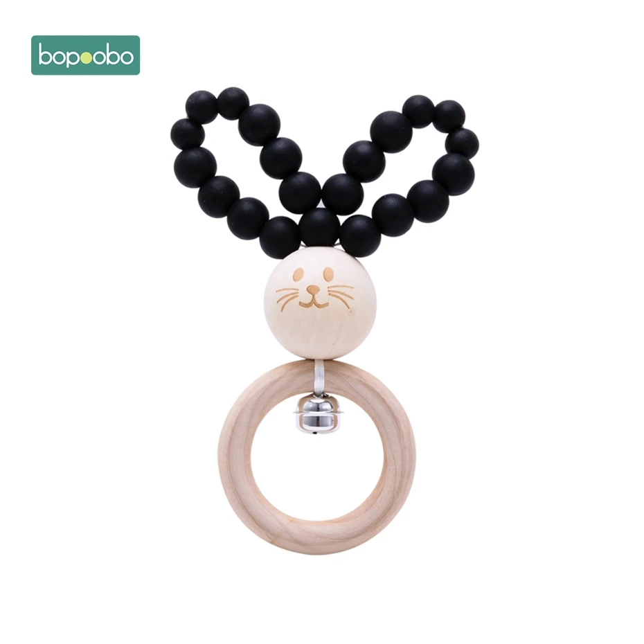 Bunny Black Bopoobo 1 шт. BPA бесплатные Силиконовые Прорезыватели зубов детские бусы кольца из натурального дерева зубы резиновый Houten Ringen деревянные погремушки детского подарка - Цвет: Bunny Black