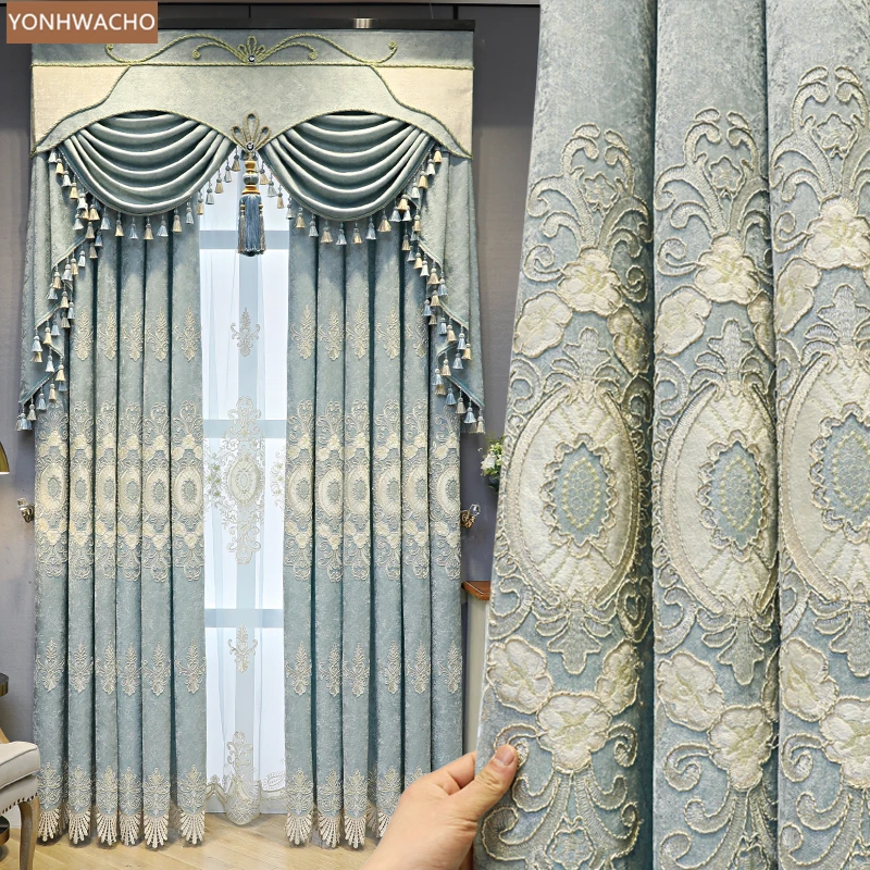 

Custom curtains Luxury European living room chenille shading villa blue cloth blackout curtain valance tulle drape C871