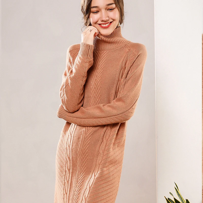 ALKMENE autumn and winter women's plus cashmere long sweater dress loose high collar Halloween sexy knit step skirt - Цвет: Коричневый