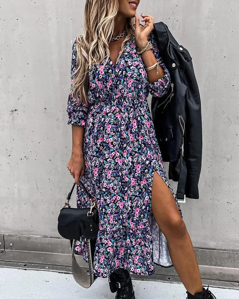 

2020 Women Fashion Elegant Casual New Autumn Officewear V-Neck Long Sleeve Party Floral Print High Slit Maxi Dress
