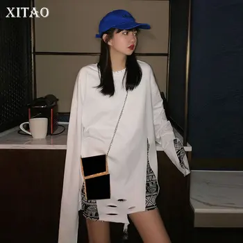 

XITAO Harajuku Style Hole Patchwork Full Sleeve Loose Hem Women Sense of Design T Shirt 2020 Spring Summer Hip-hop Top DMY3889