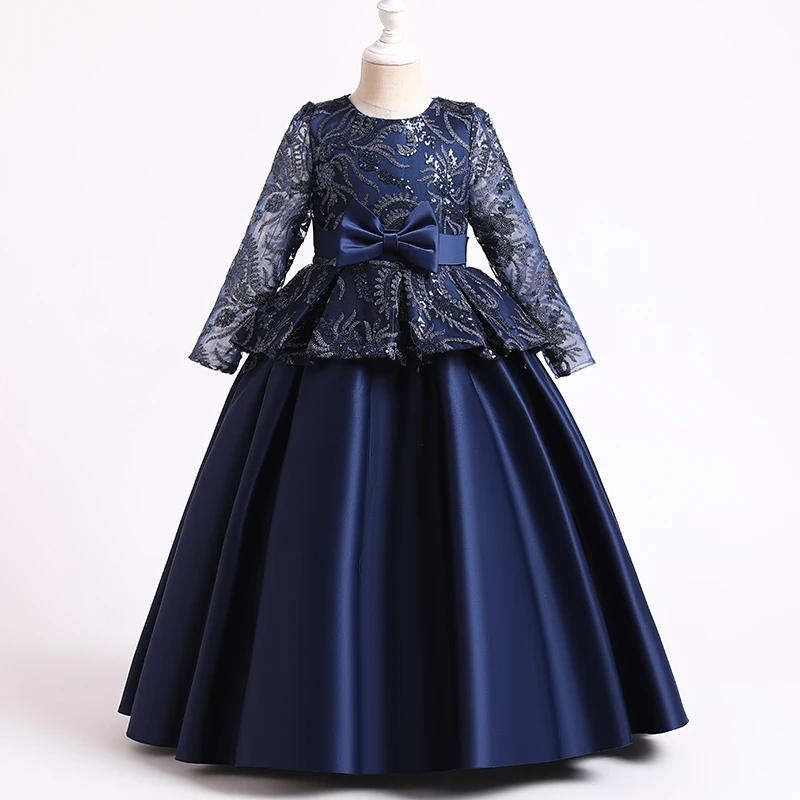 Girls Dress Satin Bowknot Printed For Flower Girl Party