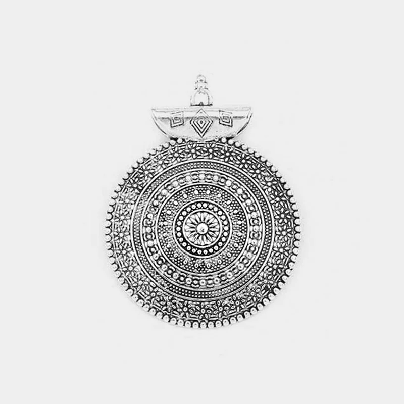 

5pcs Antique Silver Charms Round Embossed Flower Lucky Beads Metal Pendant For Diy Necklace Statement Making Material 40x53mm