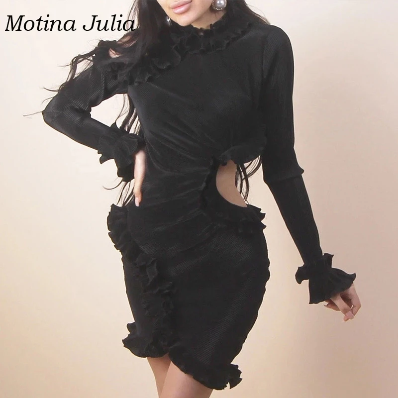 

Motina Julia 2019 sexy knitted ruffle dress women party club sexy slim hollow out dress mini dress