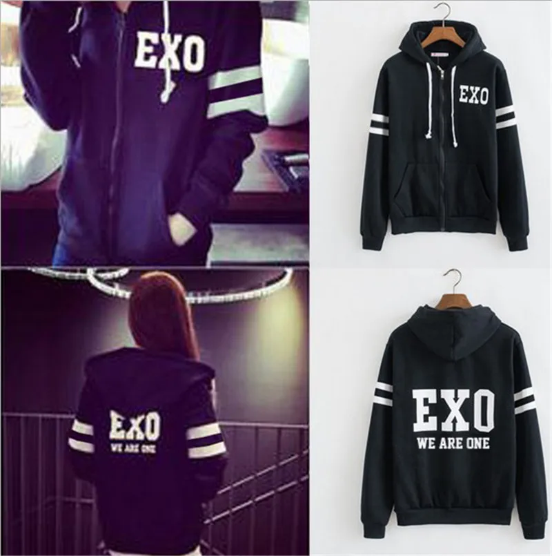 Kpop Черный EXO LAY KAI Same толстовка на молнии CHANYEOL BAEKHYUN унисекс флис осень зима длинный рукав пальто Верхняя одежда Топы