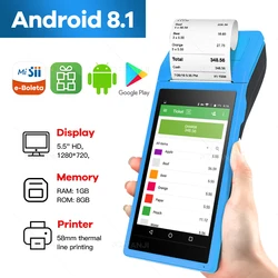 Terminal de point de vente avec imprimante thermique, bluetooth et wifi, appareil portable, Android, scanner de codes barres, 58 mm, 1D, 2D 