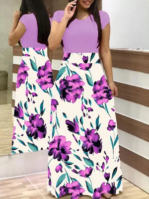 Весна-Осень, женское платье, Повседневная Туника с длинным рукавом и круглым вырезом, платья в стиле пэчворк, модное винтажное платье макси с принтом, Vestidos - Цвет: short 8899 purple
