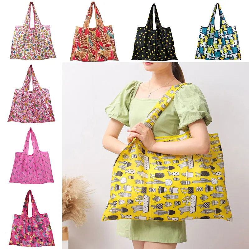 

Portable Reusable Shopping Bag Large Capacity Women Handbag Floral Print Striped Folding Tote Bag 2020 Cartoon Eco Friendly Bags