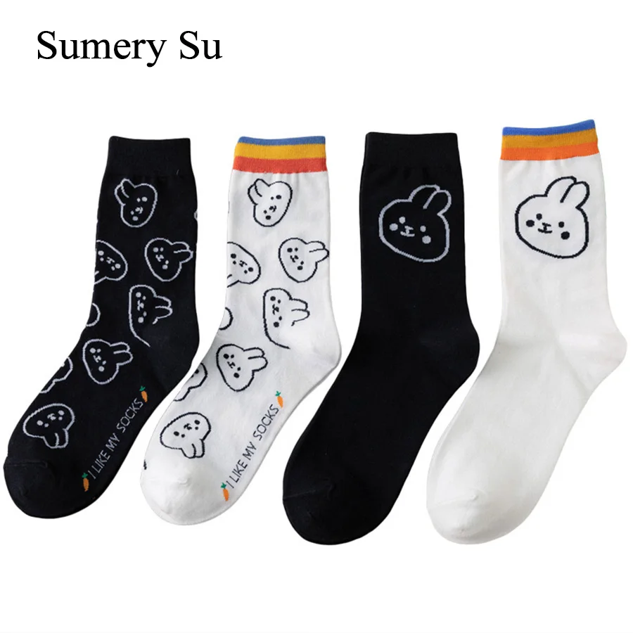 

2 Pairs/Lot Socks Women Cotton Long Casual Outdoor Cute Rabbits Cartoon Black White 2 Styles Daily Wear