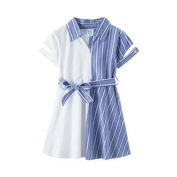 

New 2020 Summer Kids Shirt Dress Girl Stripe Dress Children Casual Dress Baby Dress Patchwork Bow Teen Toddler Clothes,#5664