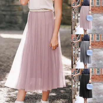 

2020 New Skirts Lady Fashion Sweet Women Solid Color High Waist Fold Casual Mesh Skirt Pink Skirt Promotions Lady Girls Skirts