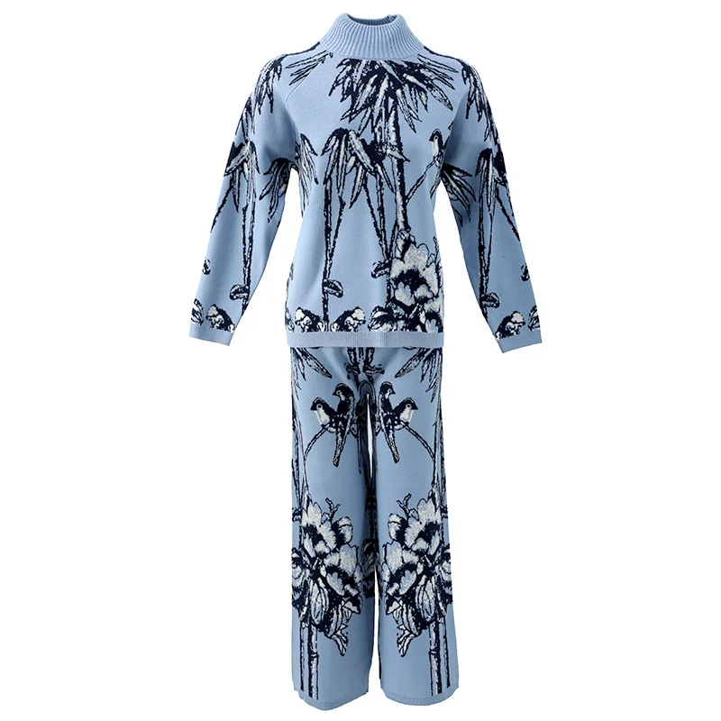 

Turtleneck Sweater Sets 2020 Autumn Winter Clothing Suit Women Vintage Print Warm Pullovers+Straight Knitted Pant Set Tracksuit