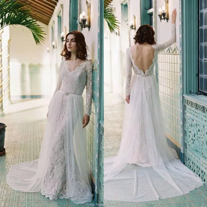 Vestido De Noiva кружева с длинным рукавом свадебное платье-бохо элегантное платье с открытой спиной, детское платье с блестками, платье с v-образным вырезом на шее из тюля Свадебные платья