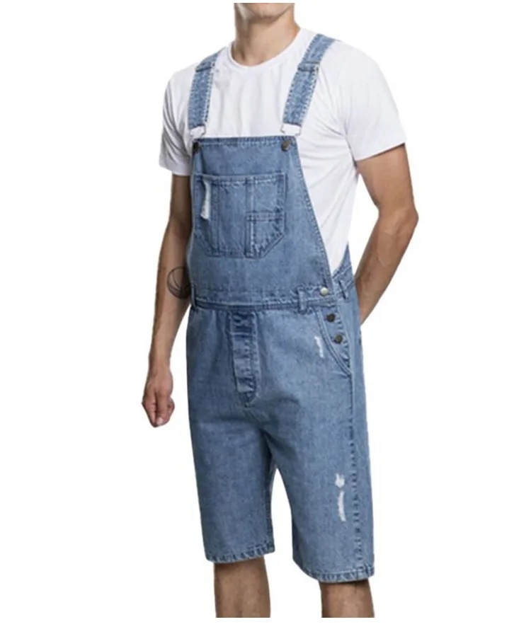 Men Denim Bib Overalls Shorts Ripped Jeans Jumpsuits Sleeveless Male Casual Working Protective Uniforms Summer Black Blue Safe (2)
