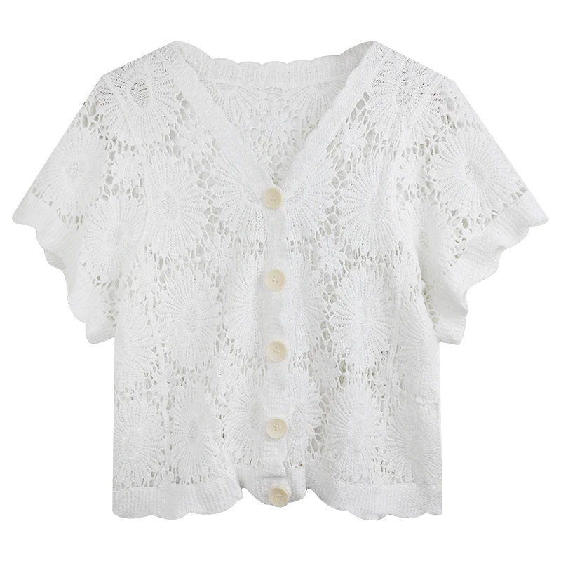 Hook Floral Lace V-Neck Short Sweaters Women Thin Cardigan Short