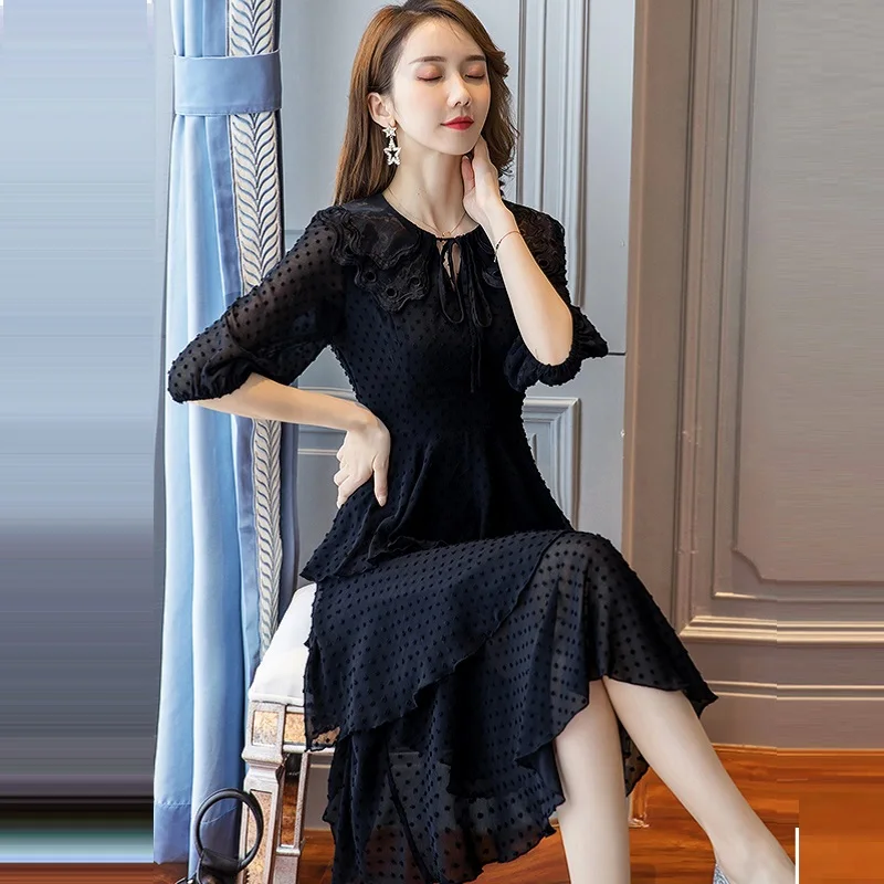 

Plus size chiffon midi dress Summer cute ball gown Dress peter pan collar Elegant Vestidos cascading ruffles beach dress M-4XL