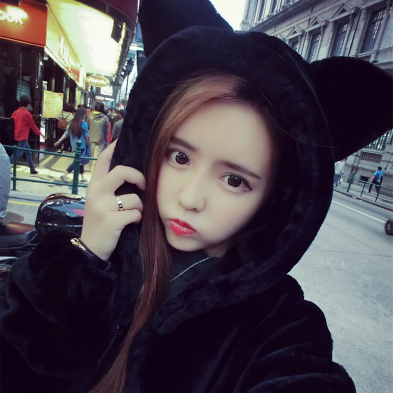 

2019 Autumn And Winter New Style Slim Fit Korean-style Mid-length Warm Overcoat Mink Cashmere Imitation Fur Bear Ear Furry Coat