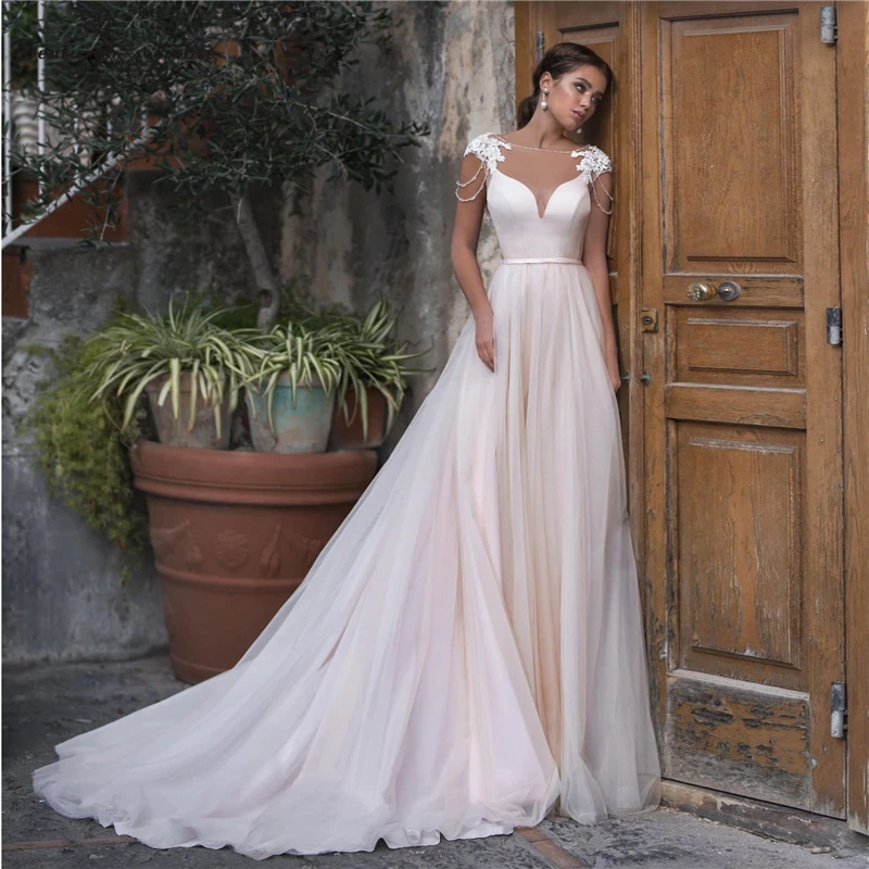 

Simple Boho Wedding Dresses 2020 Lace Appliques Beaded Sheer O-Neck Backless A-Line Bridal Dress Plus Size Vestido De Noiva