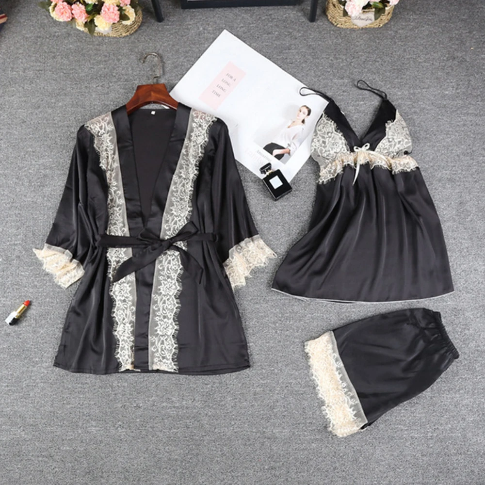 Кружевные женские пижамы шелковистые 3 шт ремень жилет шорты халат дамское
