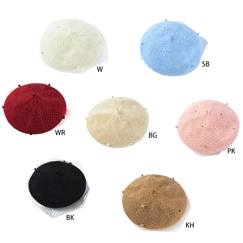 

French Style Women Girls Vintage Beret Cap Elegant Banquet Tea Party Wedding Artist Painter Hat Solid Color with Mesh Veil