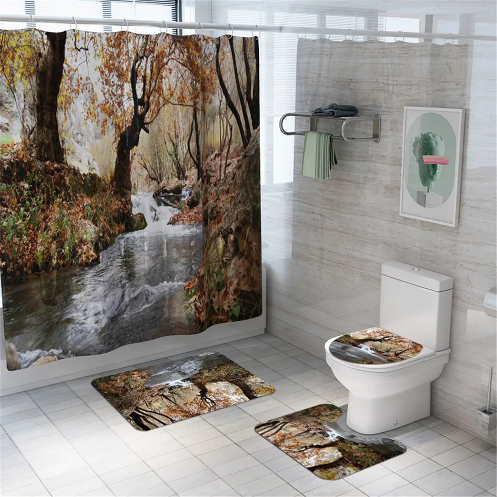 Mountain Landscape Print Shower Bathroom Mat and Shower Curtain Four-Piece Set household accessories for bathroom shower set