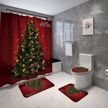 

4pcs Bathroom Base Mat Red Christmas Decor 3D Digital Printing Happy Shower Set Bathroom Shower Curtain Toilet Mat Floor Mat*0