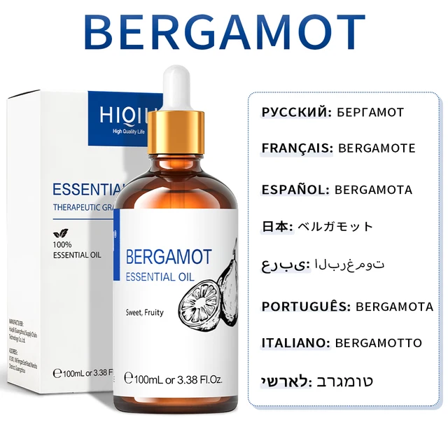 HIQILI 100ML Essential Oils ,Premium Pure Natural for Aromatherapy | Humidifier, Massage,Diffuser, Skin & Hair Care,Perfume DIY Bergamot