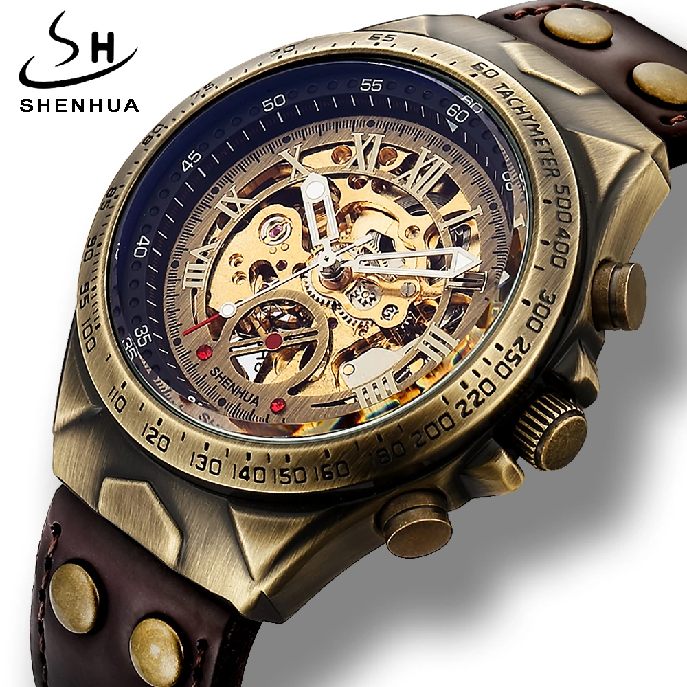 

Vintage SHENHUA Watch MenAutomatic Mechanical Transparent Steampunk Skeleton Watch Leather Luminous Hands Montre Homme