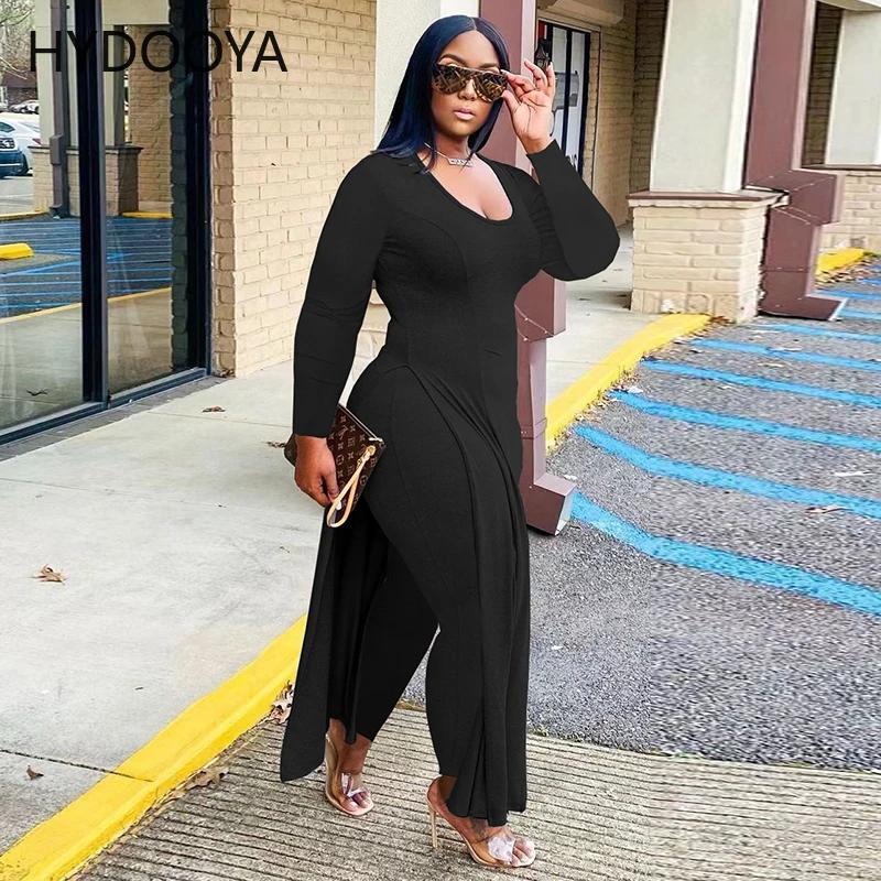 Plus Size Women Clothing Two Piece Set 2xl Fashion Round Neck X-long Split Tops Casual Long Pants Suits Wholesale Dropshipping