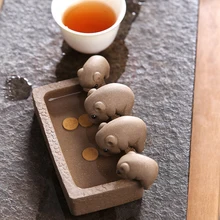 1PCS Chinese Sculpture Purple Clay Tea Pet Ornaments Cute Piggy Drinking Water Handmade Crafts Home Tea Table Decoration