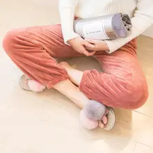 Леди сплошной цвет эластичный пояс лодыжки галстук теплый коралловый флис пижамы брюки