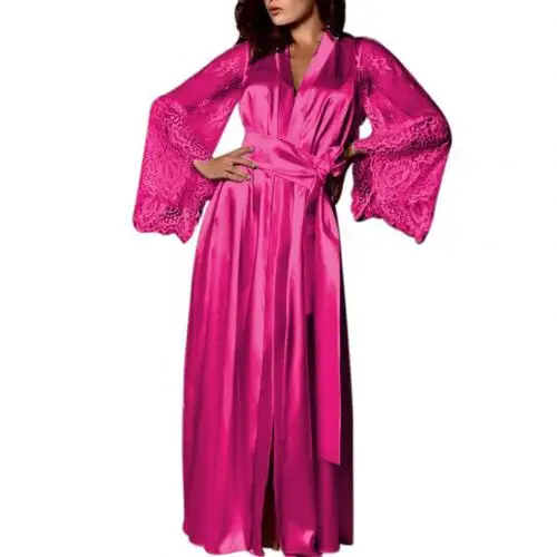 Женский сексуальный шелковый халат кимоно халат пижамы женский пояс имитация шелка кружева длинное платье с рукавами платье vestaglia - Цвет: Rose Red