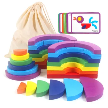 

Kids Creative Blocks Puzzle Wooden Rainbow Toys Natural Wood Balance Blocks 3D Puzzle with Cards Educational Toy for Children