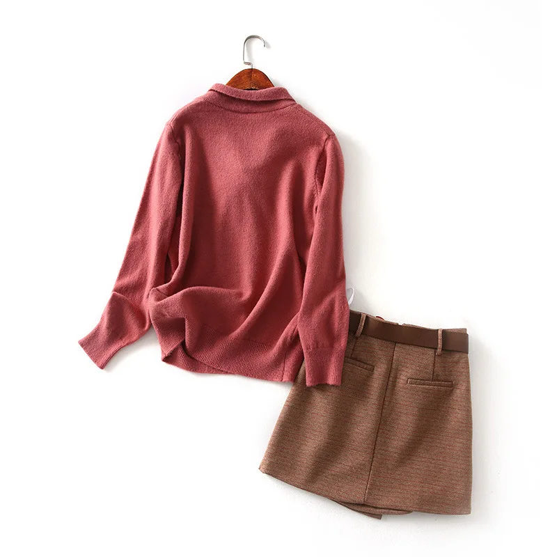 

A Generation of New Style Gentle Elegant Solid Color V-neck Lace-up Sweater Irregular Pattern Skirt Entity