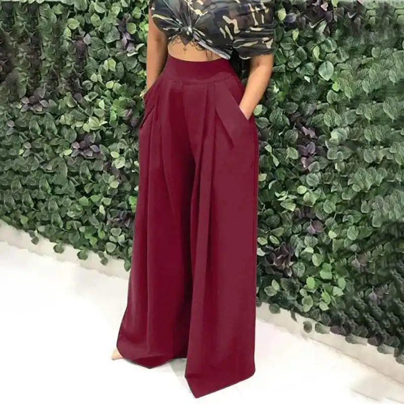 Celmia 5XL Women Fashion Office Wide Leg Pant Elastic Waist Long Pants Loose Casual Vintage Pleated Trousers Pantalon Femininas