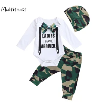 

Spring Autumn Infant Baby Gentleman Boy Clothes Letter Tie Long Sleeve Jumpsuit Fashion Camouflage Trousers with Hat