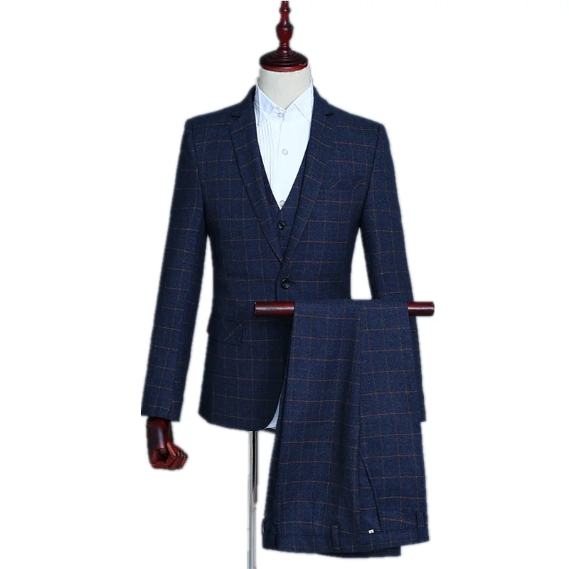 Fashion boutique lattice business men's suit set men's formal wear has a gap lapels wedding party costume(coat+ pants+ vest