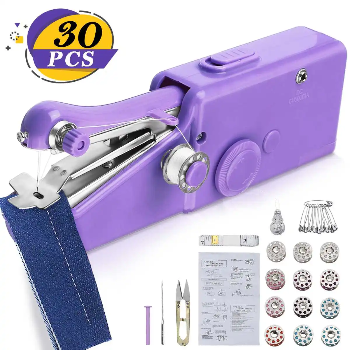 1 Set Portable Mini Hand Sewing Machine Household Cordless Electric Stitch Needlework Set for Quick Repairs DIY Clothes Stitchin