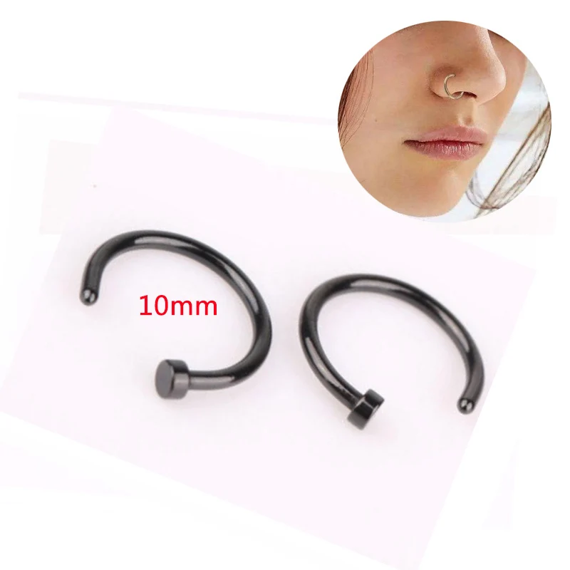 New Fake Body Jewelry Piercing Stud Thin Simple Small Hoop Titanium Steel Sexy Surgical Steel Open Nose Ring On 6/10mm - Окраска металла: Black10mm