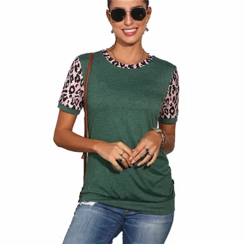 

European American summer new womenswear stitching leopard print T shirt women's short-sleeved shirt large round collar casual