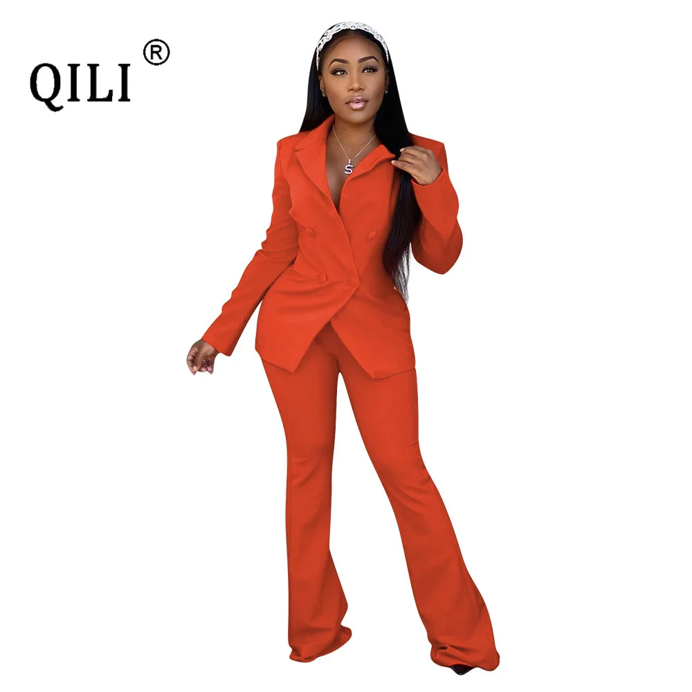 

QILI Womens Two Piece Set Suits Solid Color Double Breasted Regular Office Lady Work Clothes Tops and Pants