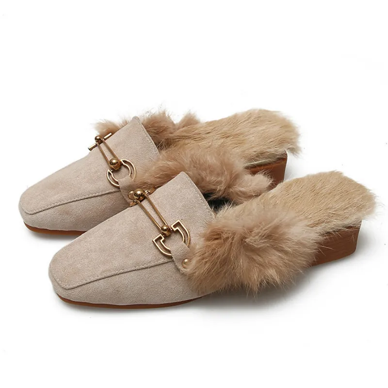 

Thick Warm Rabbit Fur Mules Slippers for Women Slip on Suede Fuzzy Slippers Outdoor Winter Lady Slipper Shoes Women Slides P249