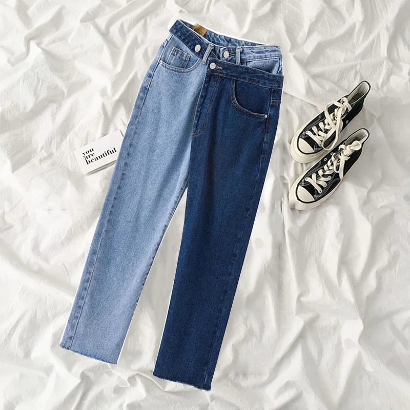 patchwork detachable high waist jeans