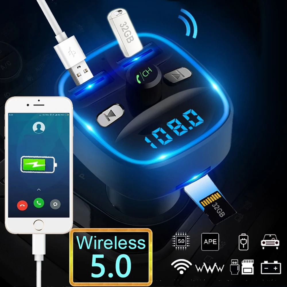 Беспроводной Bluetooth 5,0 fm-передатчик автомобильный комплект со светодиодный светильник VicTsing Bluetooth Dual USB Hands-free Hifi MP3-плеер USB зарядное устройство