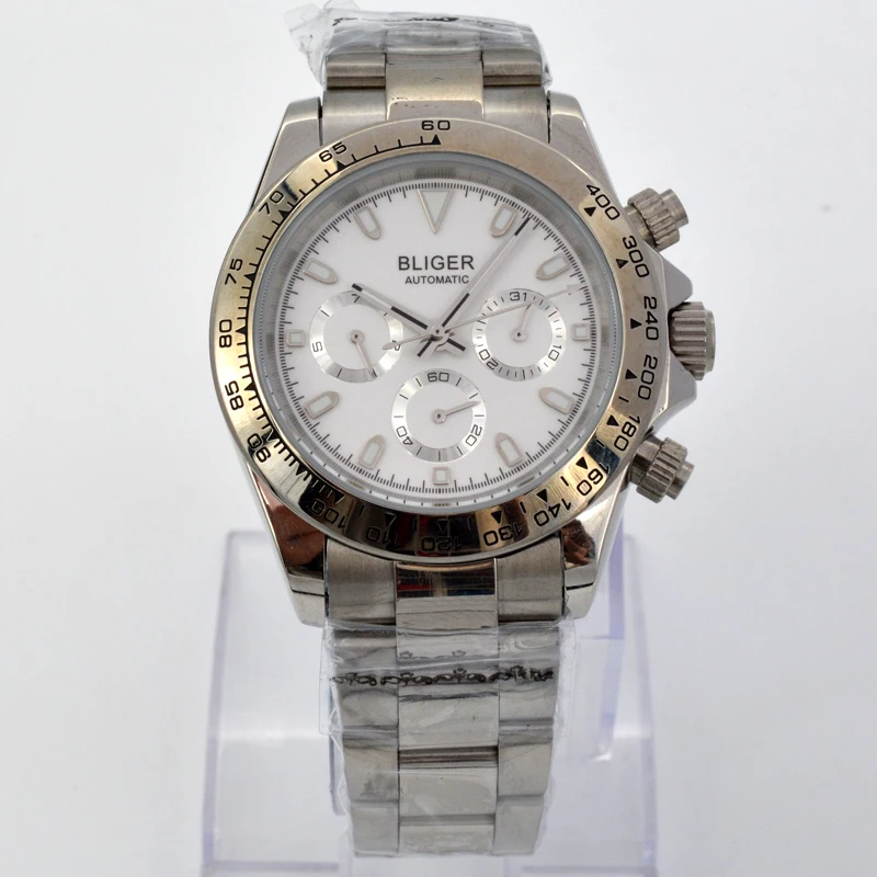 

hot luxury 40mm Bliger mechanical watch men waterproof white dial stainless steel bracelet date multifunctional Auto wrist
