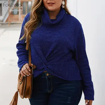 

FADZECO Long-sleeved T-shirt High-necked Pullover Solid Color Women's Autumn Winter Casual Loose Tops Knitted T-shirt Plus Size