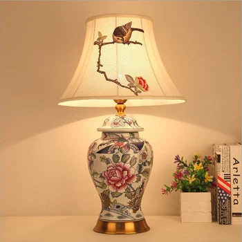 

China Retro Ceramic Table Lamp Living Room Study Bedroom Bedside Light AC85-265V Fabric Table Lamp