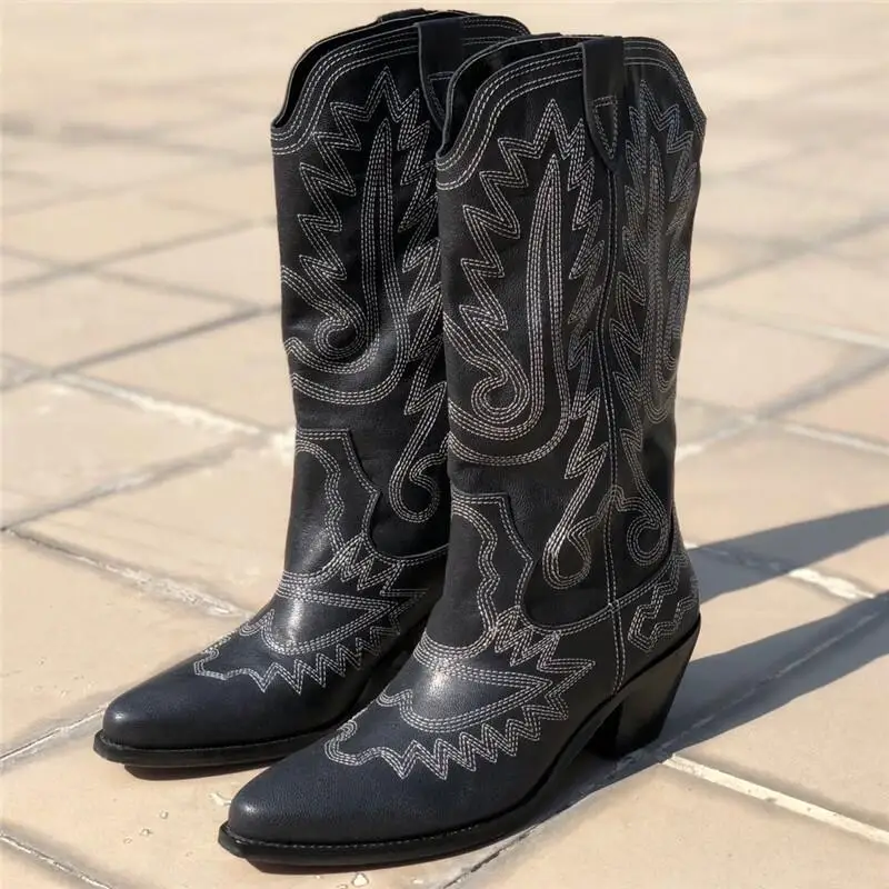 JAWAKYE сапоги до середины икры из натуральной кожи; женские сапоги на квадратном каблуке с острым носком и вышивкой; женские модные ковбойские сапоги В рыцарском стиле