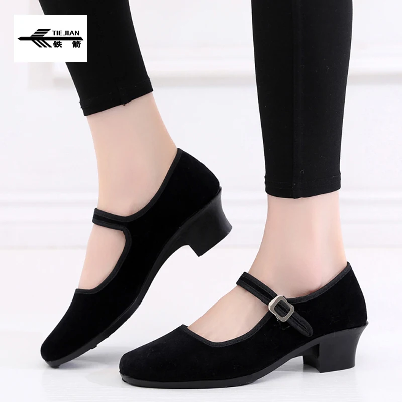 Yangko/фланелевые женские туфли для танцев; черные износостойкие туфли на высоком квадратном каблуке; женские туфли для народных танцев; Scarpe Ballo