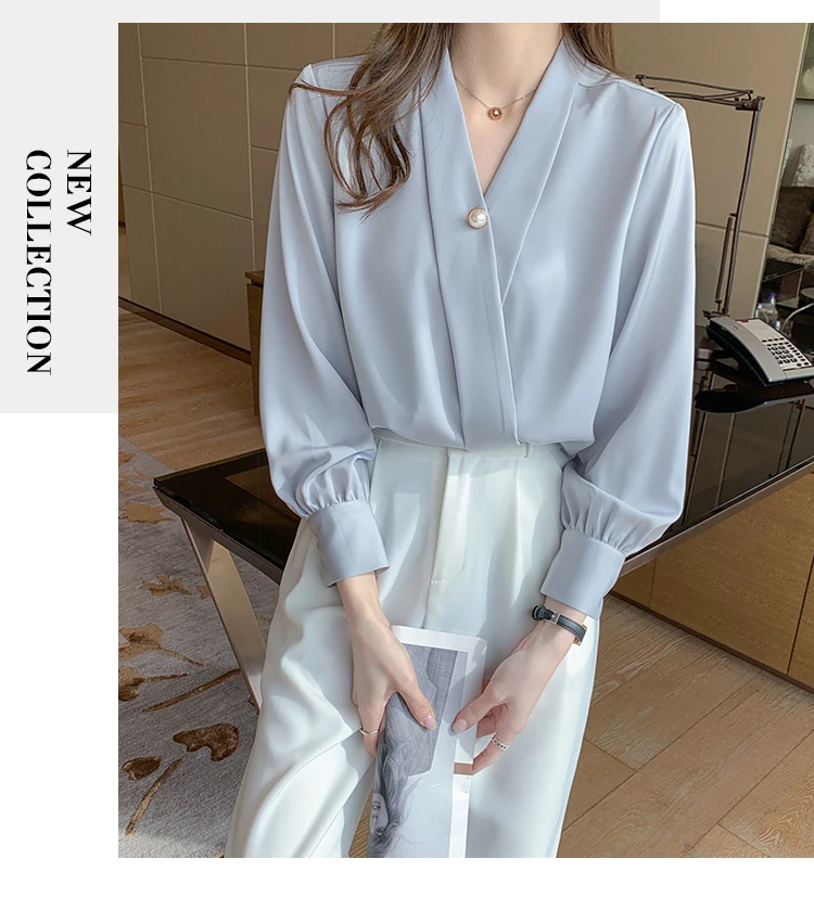 New V-Neck Silk Shirts Women Pullover Short Sleeve Summer Tops 2021 Button Women Blouses Satin Clothing Office Lady Solid Blouse